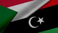 3D rendering of two flags of Republic of the Sudan and State of Libya together with fabric texture, bilateral relations, peace and