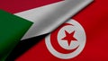 3D rendering of two flags of Republic of the Sudan and Republic of Tunisia together with fabric texture, bilateral relations,