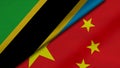 3D Rendering of two flags from Republic of Tanzania and china together with fabric texture, bilateral relations, peace and