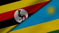 3D Rendering of two flags from Republic of Uganda and Republic of Rwanda together with fabric texture, bilateral relations, peace