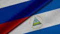 3D Rendering of two flags from Russian Federation and Republic of Nicaragua together with fabric texture, bilateral relations,