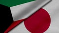 3D Rendering of two flags from State of Kuwait and japan with fabric texture, bilateral relations, peace and conflict between