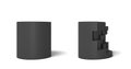 3d rendering of two isolated black cylinder one perfect and whole and another half broken.