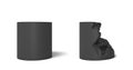 3d rendering of two isolated black cylinder one perfect and whole and another half broken.