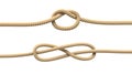 3d rendering of two isolated lines of natural rope with loose knots in their centers.