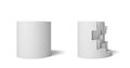 3d rendering of two isolated white cylinder one perfect and whole and another half broken.