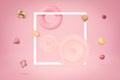 3d rendering of two light pink cogwheels and one torus on yogurt pink background, highlighted with a flat white frame Royalty Free Stock Photo