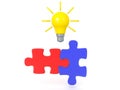 3D Rendering of two matching puzzle pieces with bright lightbulb above
