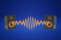 3d rendering of two music speakers near each other and sharing one orange sound wave between them.