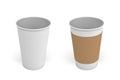 3d rendering of two open white coffee cups, one with a carton sleeve on and one empty.