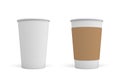 3d rendering of two open white coffee cups, one with a carton sleeve on and one empty.