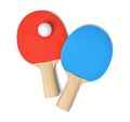 3d rendering of two ping pong rackets with red and blue rubbers and one white ping pong ball viewed from above isolated Royalty Free Stock Photo