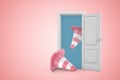 3d rendering of two pink road cones emerging from open door on pink copyspace background.