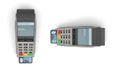 3d rendering of two POS terminals in top view with generic plastic cards inserted on white background.