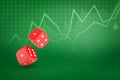 3d rendering of two red casino dice on green diagram lined background
