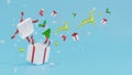 3d rendering two reindeer jump from White giftbox with redribbon and snowflakes on blue background Royalty Free Stock Photo