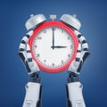 3d rendering of two robotic arms carefully holding a red retro alarm clock.