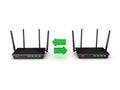 3D Rendering of two routers exchanging data Royalty Free Stock Photo