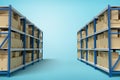 3d rendering of two silver blue metal racks with cardboard boxes on blue background