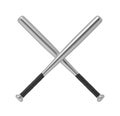 3d rendering of two sleek steel baseball bats with a wrapped handle crossing each other on a white background.