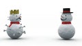 3d rendering of two snowmen isolated on a white background. One snowman in a golden crown, like a coronavirus. the second in the