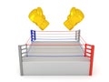3D Rendering of two tilted gold boxing gloves above a ring