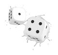 3d rendering of two white casino dice splashing isolated on white background