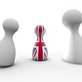 3D rendering of two white game figures surrounding the one with British flag on a white background