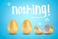 3d rendering of two whole golden eggs and one broken golden egg with Nothing title above them on light blue gradient