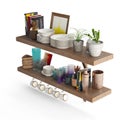 3d rendering of two wooden shelves filled with an array of dishes and kitchen utensils.