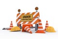 Under construction sign with barrier and cones Royalty Free Stock Photo