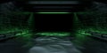 3d Rendering Underground Basement Drain Tunnel Hallway Corridor Passage With Green Neon Light Glowing On Water Canal Ripple Wave