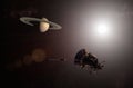 Unmanned spacecraft approaching the planet Saturn