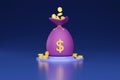 3d rendering urple Money bag with gold coins with blue background illustration