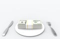 3d rendering. US one hundred dollars stack on white dish with folk, spoon on copy space gray background. Eating money or rich con