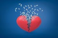 3d rendering of valentine heart broken in two with dollars flying out from inside.