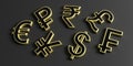 3d rendering various currency golden symbols