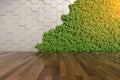 3D rendering of vertical green garden and hexagon concrete wall in modern interior with zen wooden floor, interior  architecture Royalty Free Stock Photo