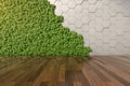 3D rendering of vertical green garden and hexagon concrete wall in modern interior with zen wooden floor, interior architecture