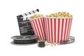 3d rendering of a video reel, popcorn buckets and a clapperboard on a white background.