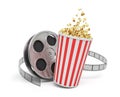 3d rendering of a video reel with video film stretching around a big bucket full of popcorn.