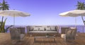 3d rendering vintage beach sofa on wood terrace near sea in twilight scene