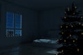 3d rendering of vintage bedroom with christmas tree at night