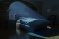 3d rendering of vintage bedroom with light rays and cozy box-spring bed at night Royalty Free Stock Photo