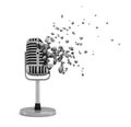 3d rendering of vintage microphone shattering into small pieces isolated on white background