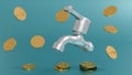 faucet with a handle and stack of coins