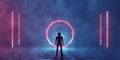 3D rendering virtual space, a lonely person in front of a glowing neon red circle portal, teleport and vertical lines in fog,