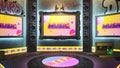 3D rendering Virtual studio with music stage. Displays with screen banners mock up, loudspeakers, cassette and painting