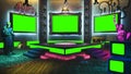 3D rendering Virtual studio with music stage. Green screen displays, loudspeakers, guitar, cassette and statue of