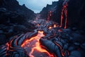 3D rendering of a volcanic landscape with lava flow in the foreground, River of pahoehoe lava flowing down a cliff, AI Generated Royalty Free Stock Photo